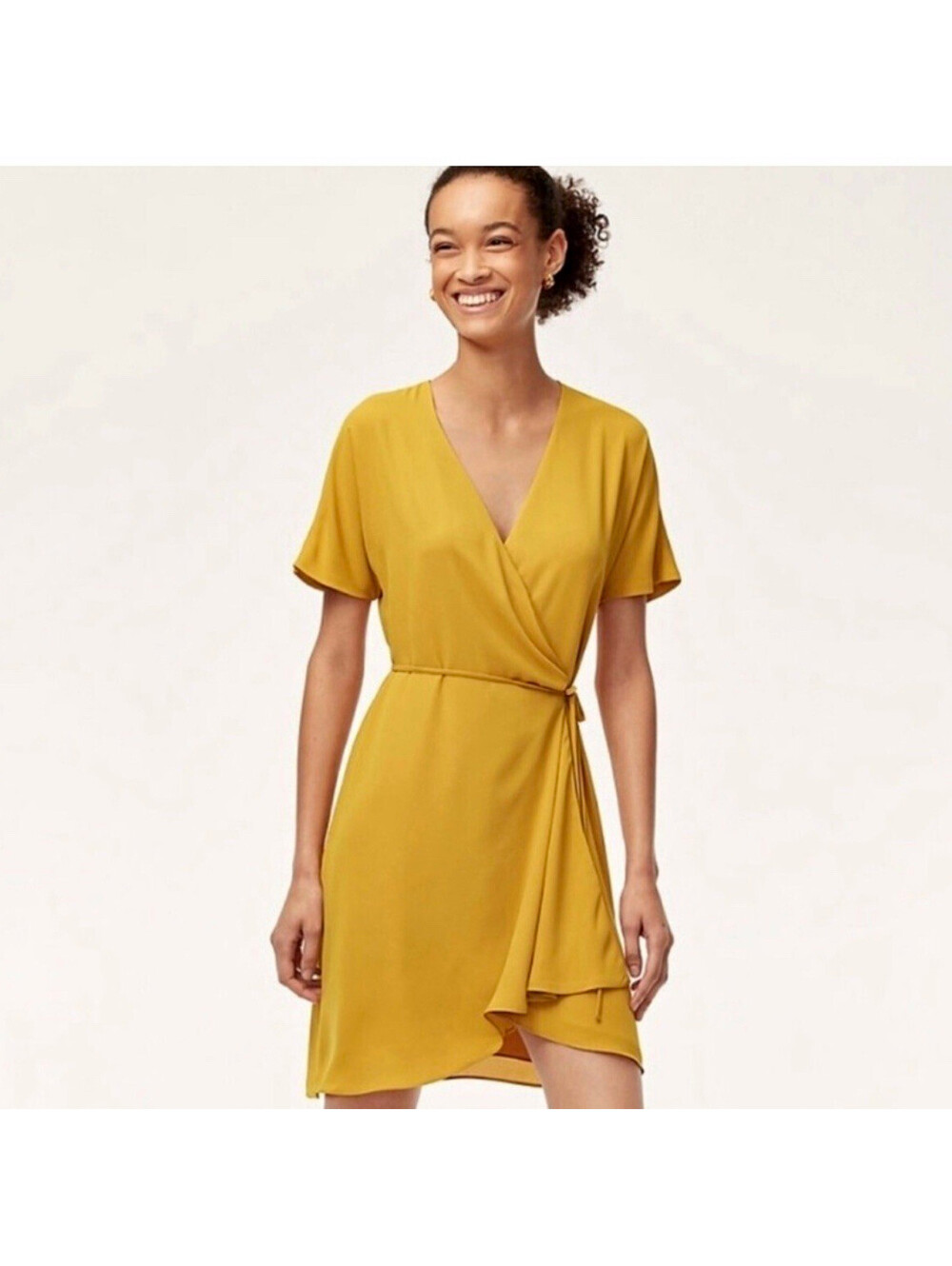 Aritzia Babaton Wallace Wrap Dress Small Cairo Gold Mustard Yellow Tie Waist